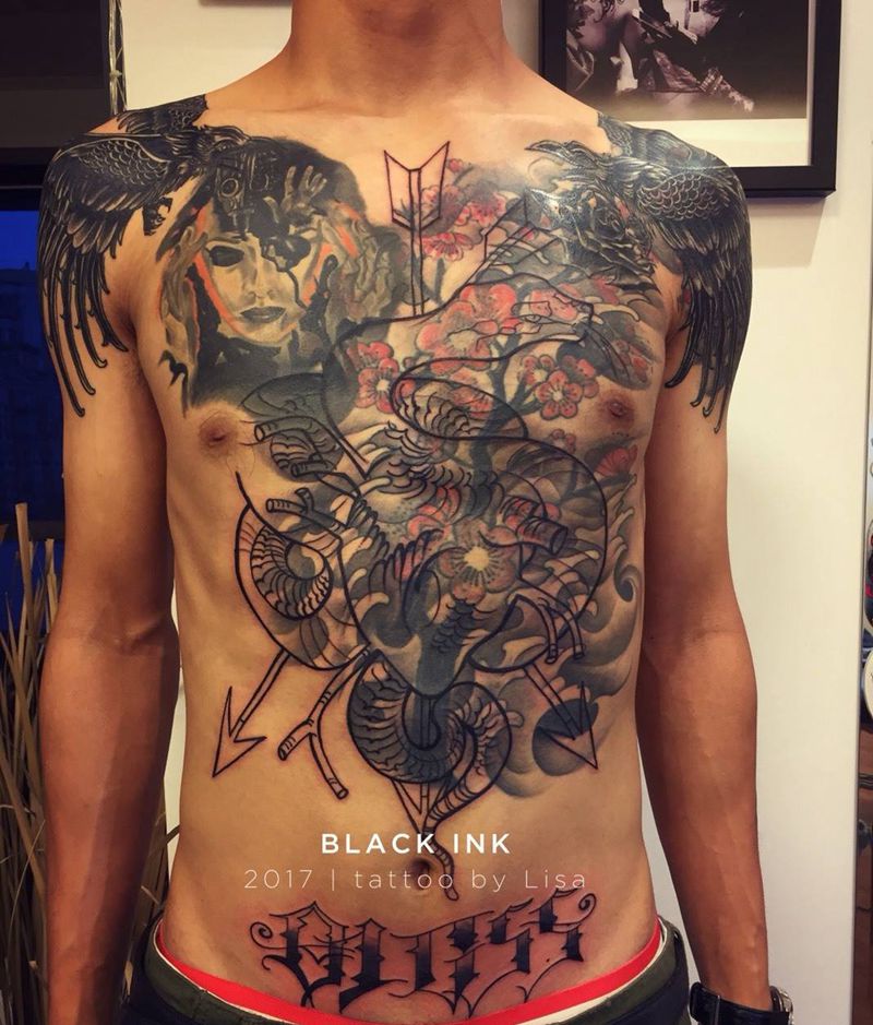 胸前遮盖（未完成）纹身图片_成品胸部手臂腹部欧美动物植物图腾原创纹身图案