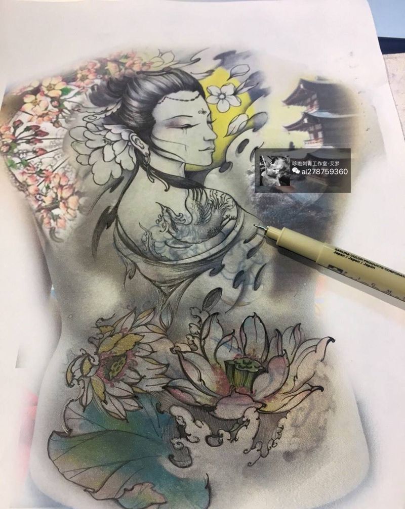 满背纹身图片_手稿背部清新肖像传统人物植物原创纹身图案