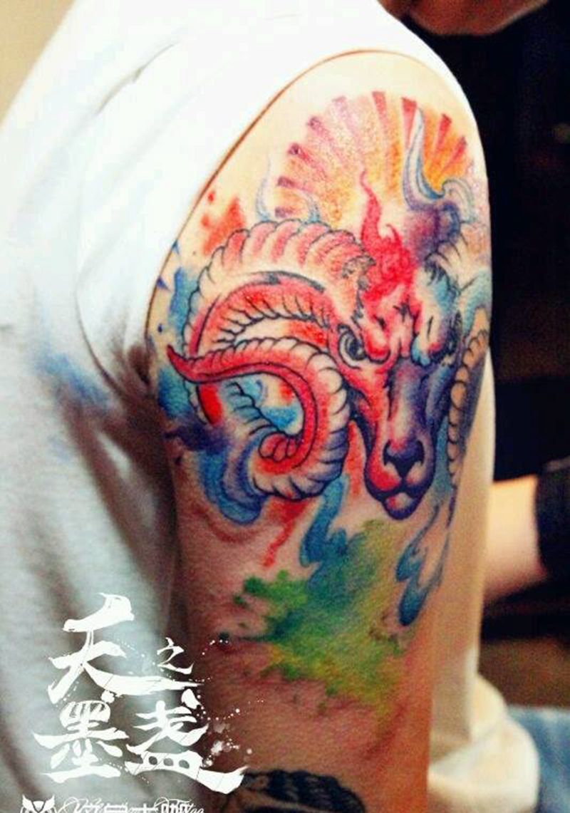 羊头纹身图片_肩部欧美动物成品纹身图案