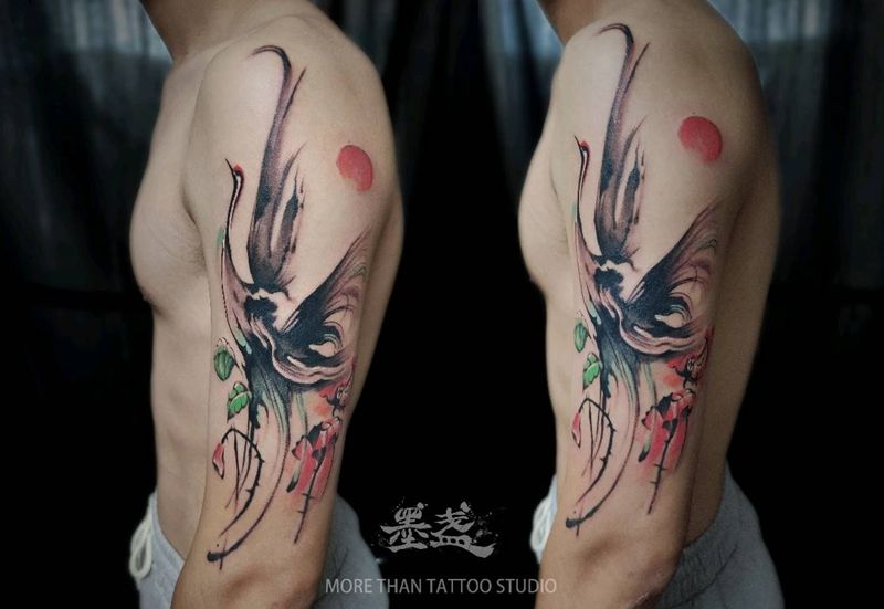 仙鹤纹身图片_手臂水墨中国风纹身图案