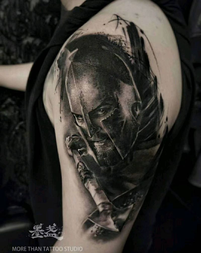 斯巴达纹身图片_手臂欧美写实勇士纹身图案