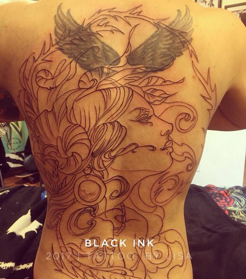 欧洲新传统满背未完纹身图片_成品背部欧美肖像人物植物图腾原创纹身图案