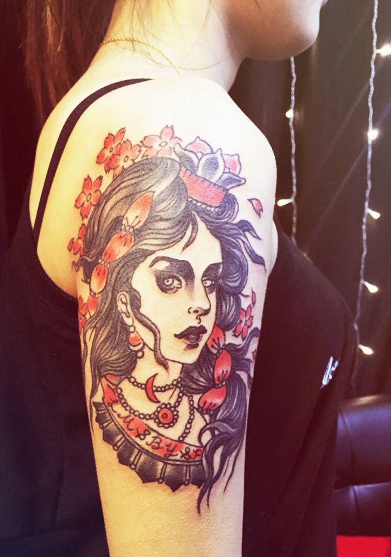 大臂school纹身图片_成品手臂欧美原创人物纹身图案