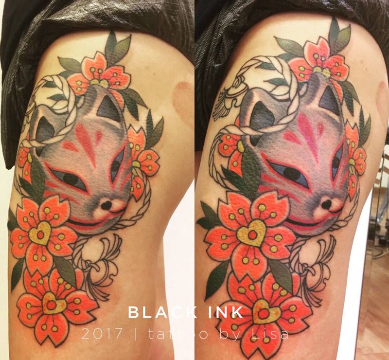 狐狸面具 未完成纹身图片_成品腿部臀部欧美清新动物原创纹身图案