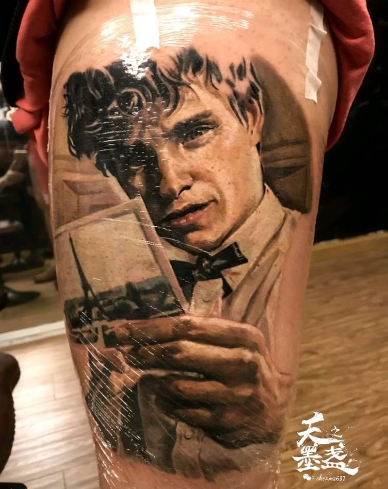 埃迪·雷德梅恩纹身图片_腿部欧美写实人物肖像纹身图案