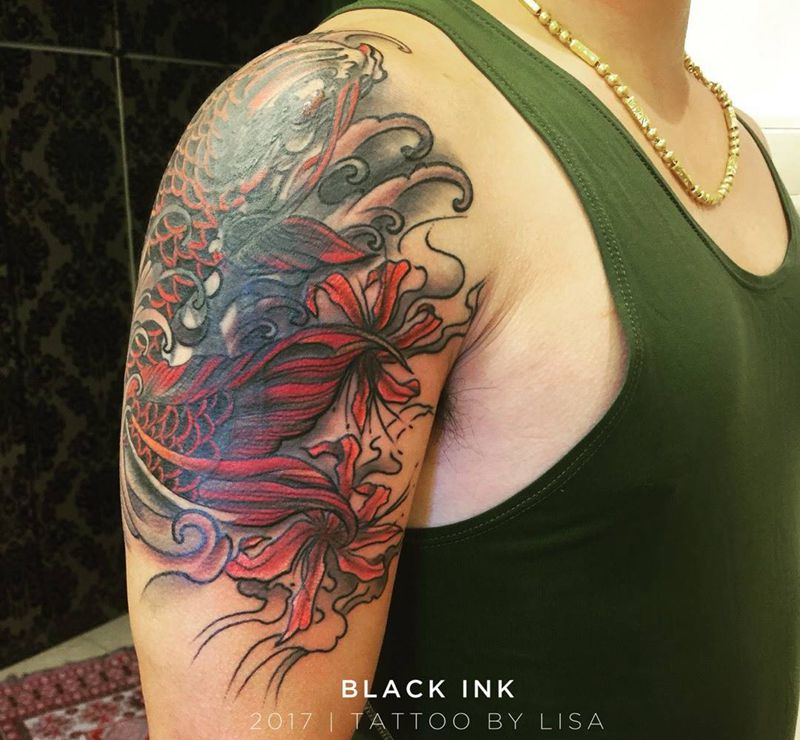 大臂遮蓋 鯉魚 完成纹身图片_成品手臂传统动物原创纹身图案