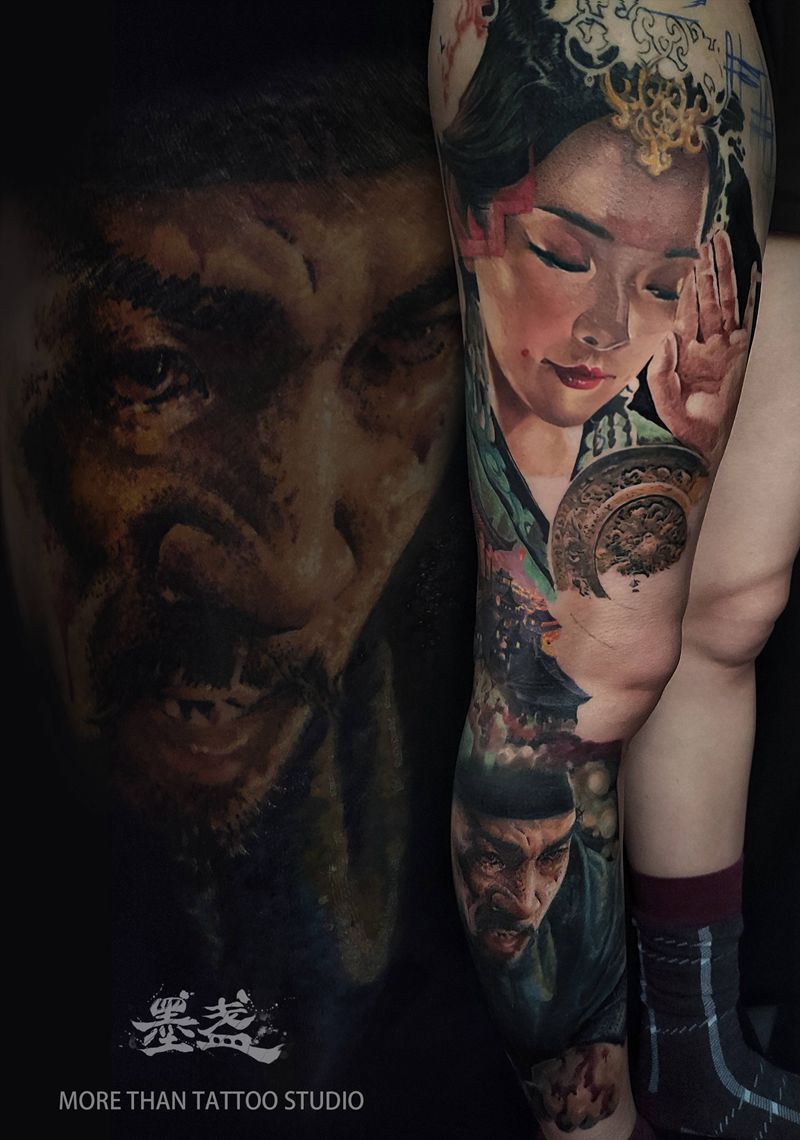 长安十二时辰纹身图片_腿部欧美写实花腿彩色纹身图案