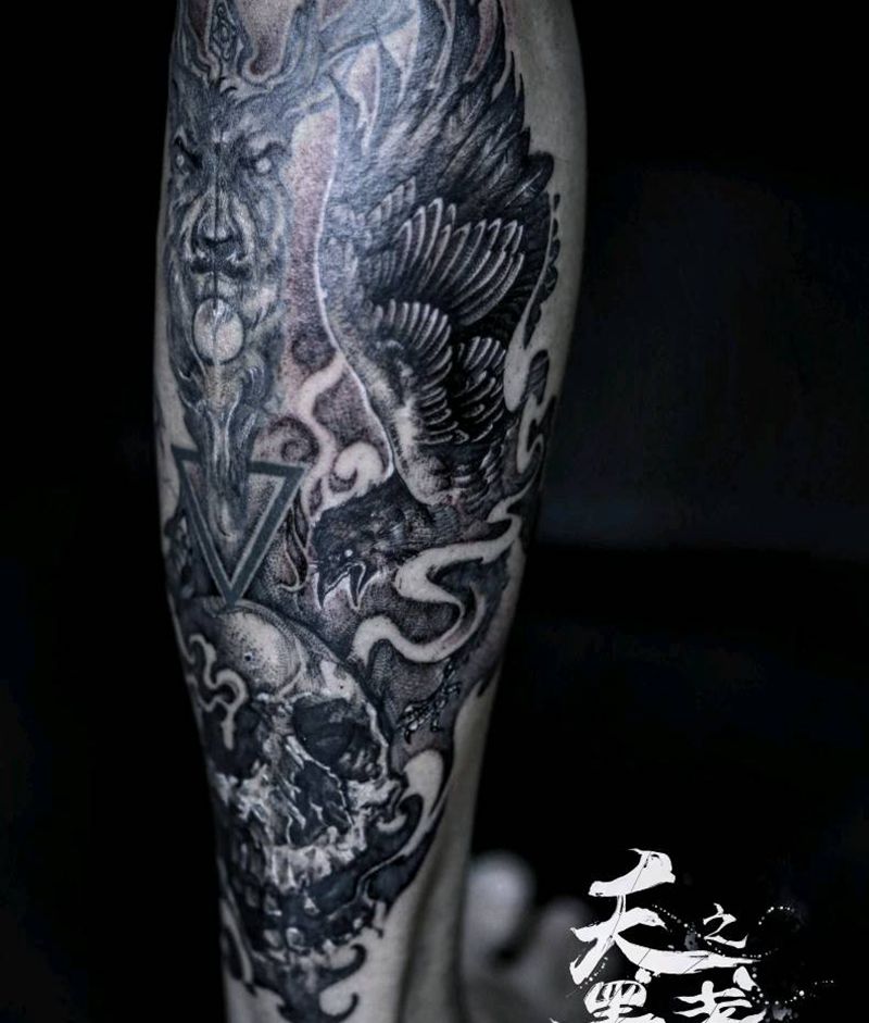 点刺小腿接图纹身图片