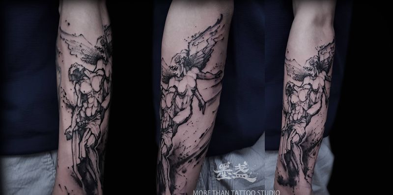 速写天使纹身图片_手臂速写神话纹身图案