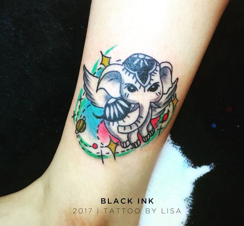 小飞象纹身图片_成品腿部欧美清新动物原创纹身图案