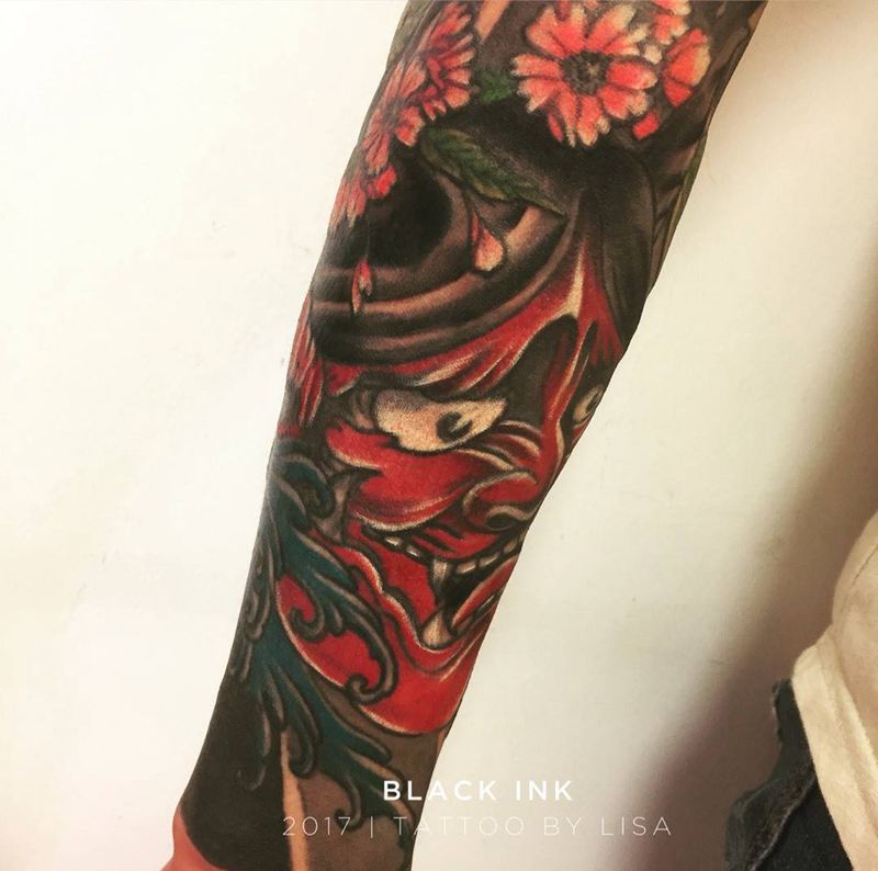 小臂修改完成纹身图片_成品手臂传统鬼神原创纹身图案