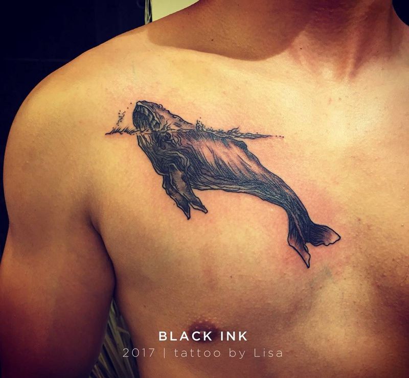 鲸鱼纹身图片_成品胸部欧美清新动物原创纹身图案