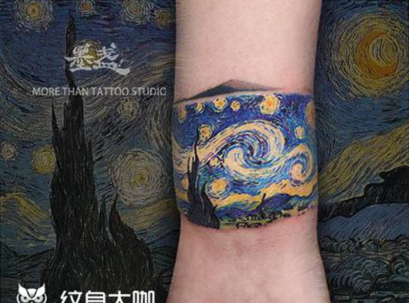 星月夜纹身图片_手臂欧美写实梵高纹身图案