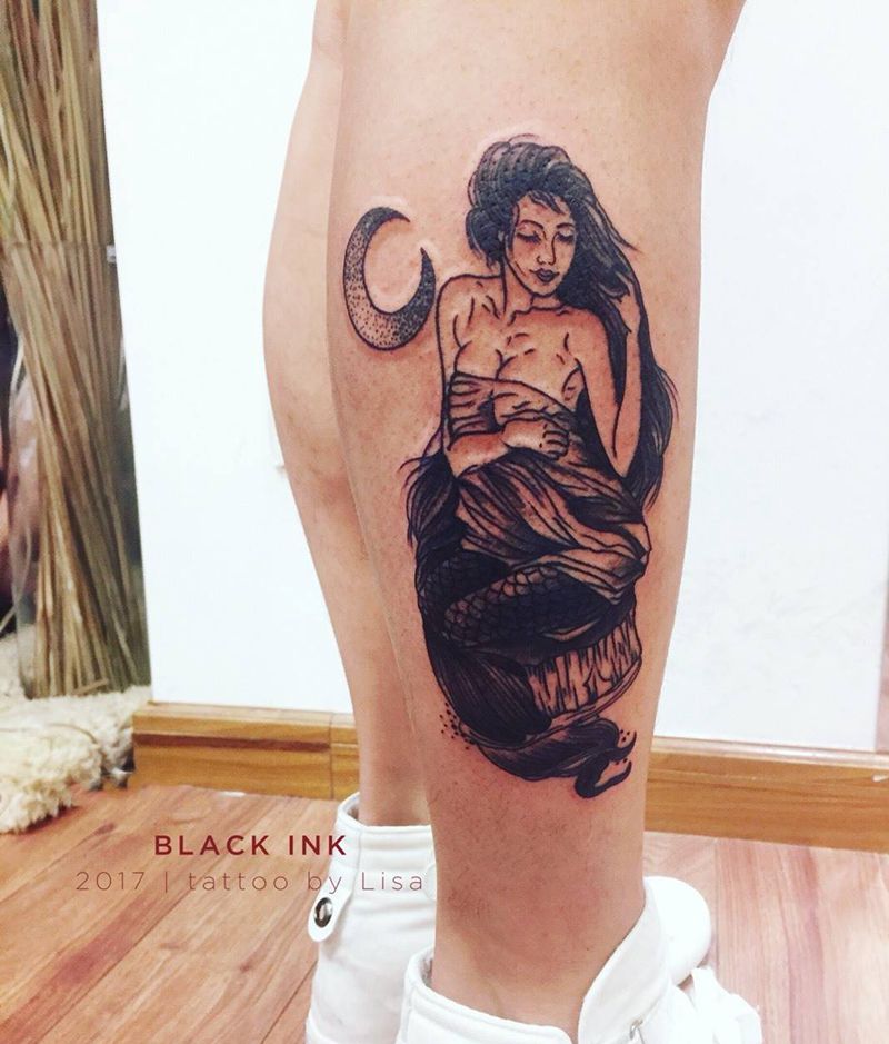 黑灰美人鱼纹身图片_成品腿部欧美人物原创纹身图案