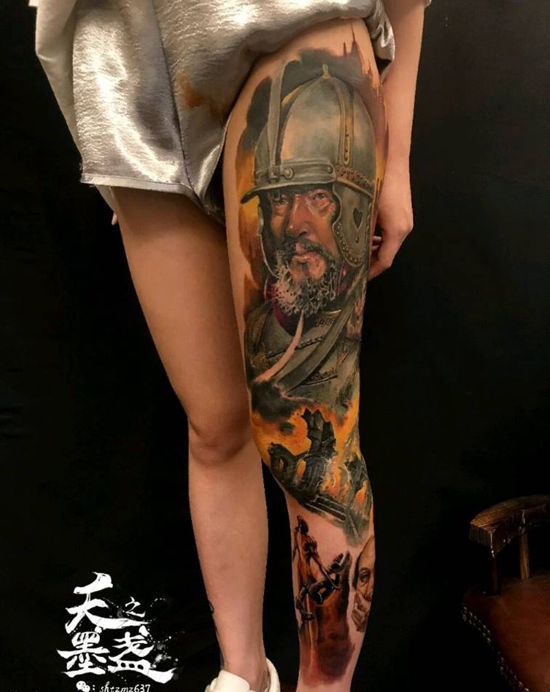 先在人为，后在天命纹身图片_腿部欧美肖像写实原创纹身图案