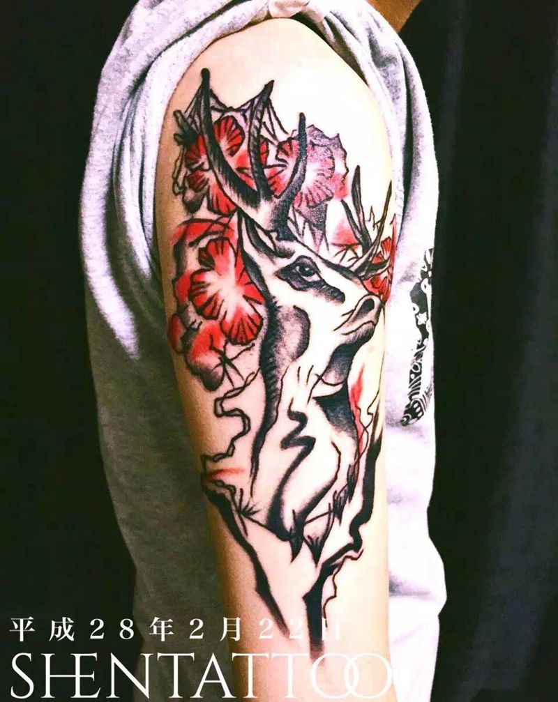 随意 麋鹿纹身图片_成品手臂欧美几何动物原创纹身图案