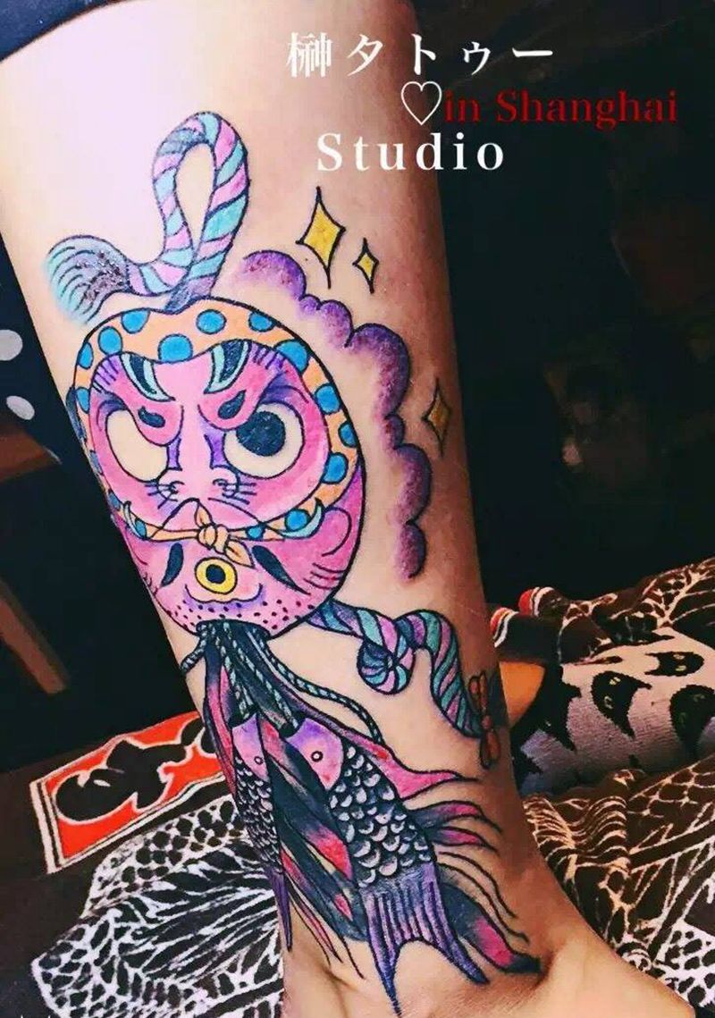 搞怪 达摩纹身图片_成品腿部欧美原创鬼神纹身图案