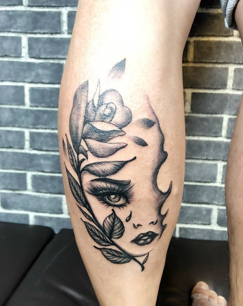 美女纹身图片_成品腿部肖像写实欧美清新人物植物纹身图案