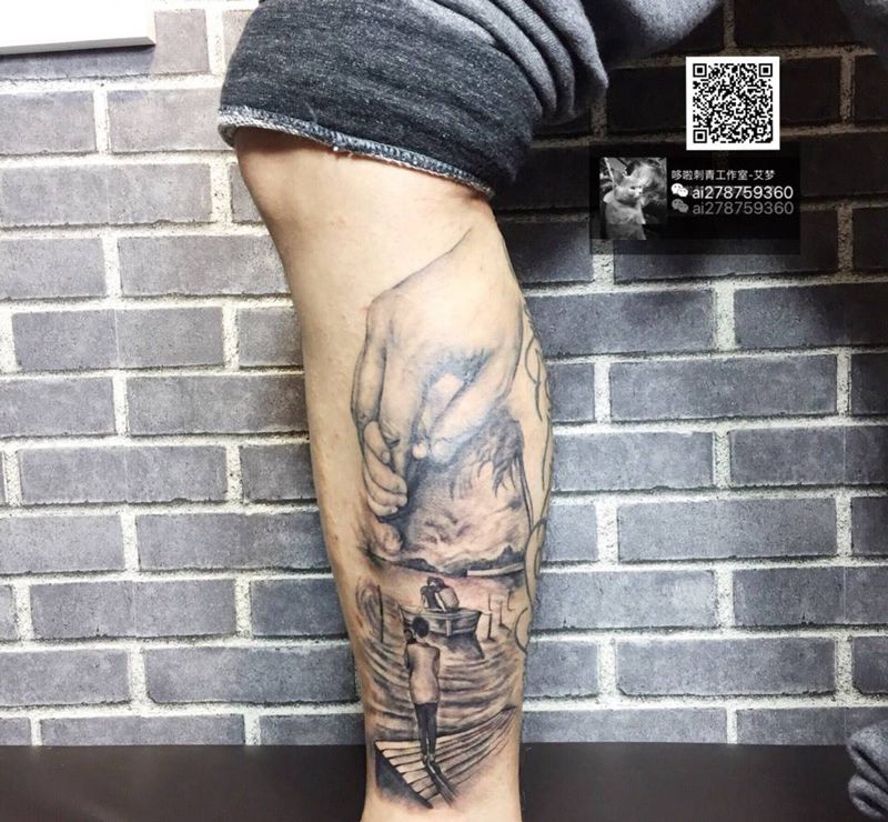 我有一个家纹身图片_成品腿部写实欧美人物植物纹身图案