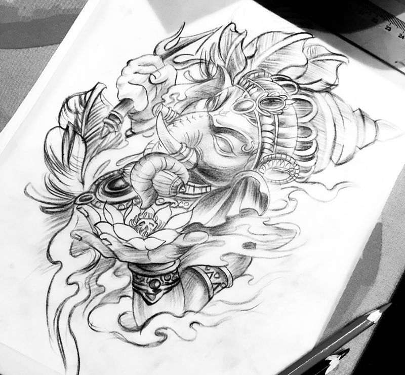 象神 手稿纹身图片_手稿腿部传统动物鬼神原创纹身图案