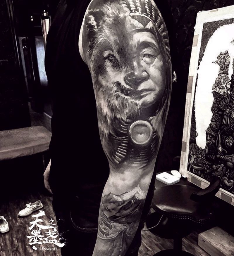 花臂纹身图片_手臂欧美写实狼纹身图案