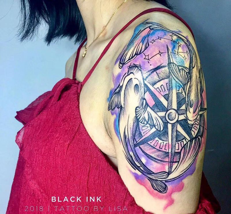 水彩 双鱼纹身图片_手臂水彩纹身图案