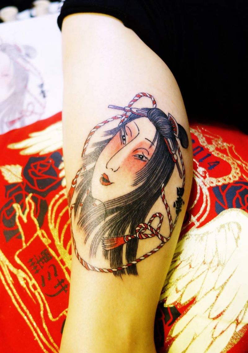 仕女纹身图片_成品腿部传统人物原创纹身图案