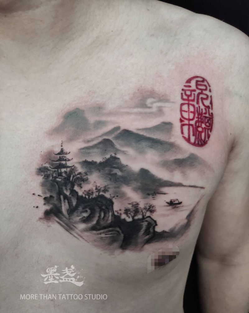 山河日月纹身图片_胸部水墨纹身图案