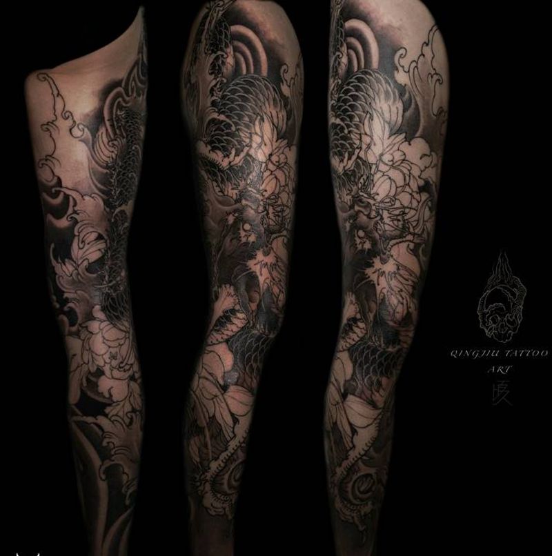 花腿龙纹身图片_腹部新传统纹身图案