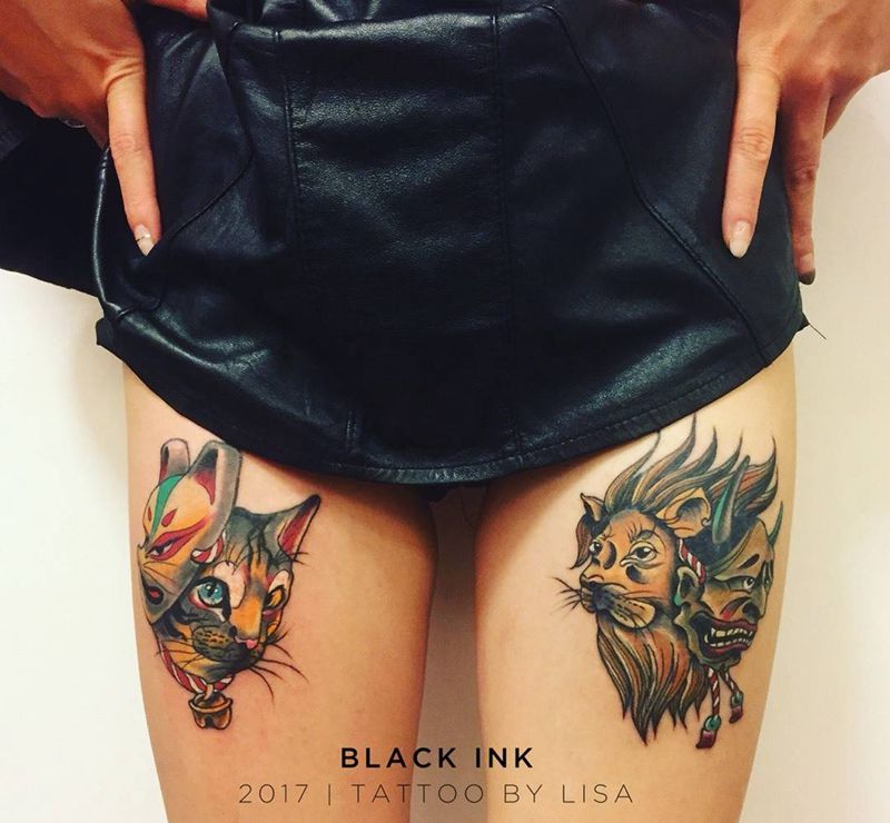 大腿 完成纹身图片_成品腿部欧美动物原创图腾纹身图案