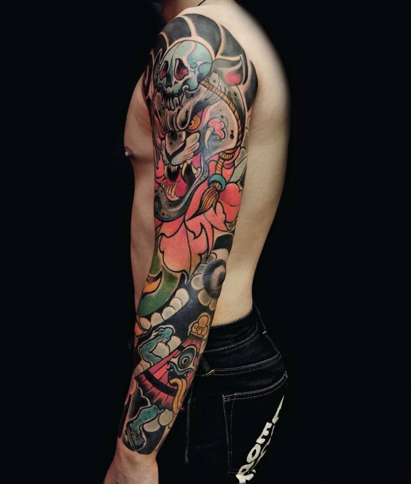 新传统重彩整臂纹身图片_成品手臂传统原创动物鬼神纹身图案