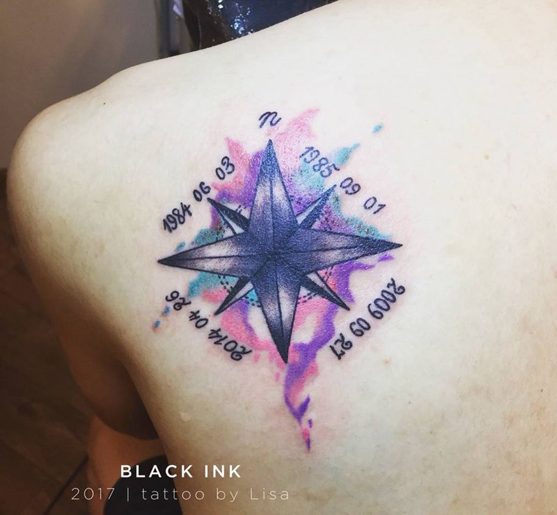 水彩指南针纹身图片_成品背部欧美清新原创静物纹身图案