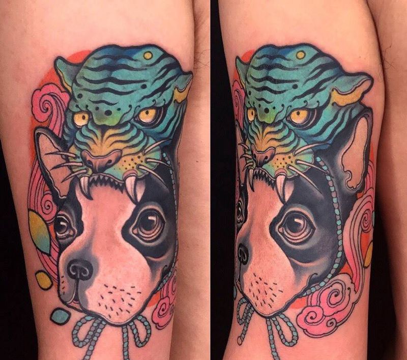 法斗小可爱纹身图片_成品手臂欧美动物原创纹身图案