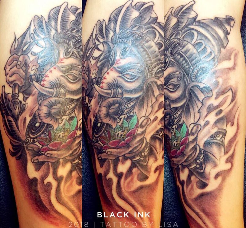 小腿象神完成纹身图片_成品腿部传统动物鬼神图腾原创宗教纹身图案