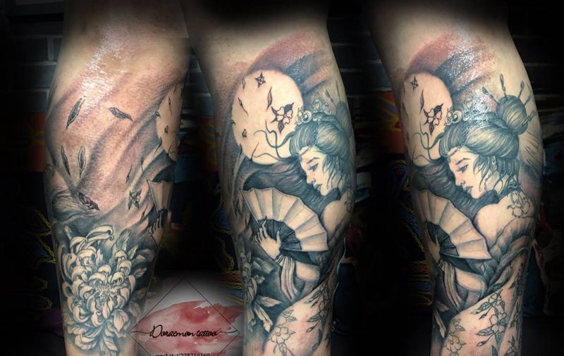 艺妓纹身图片_成品腿部写实传统肖像清新人物原创纹身图案