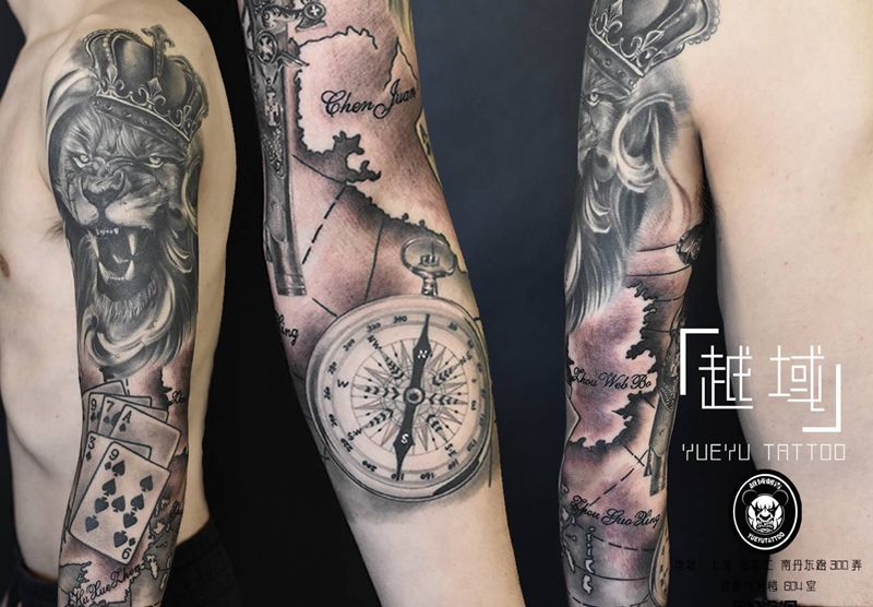 黑灰花臂纹身图片_手臂欧美写实纹身图案