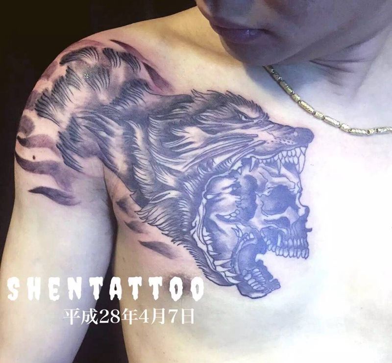 狼纹身图片_成品胸部手臂欧美原创动物纹身图案