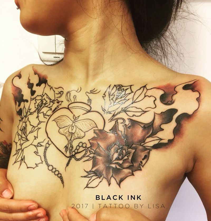 花胸 第二次纹身图片_成品胸部肩部欧美原创纹身图案