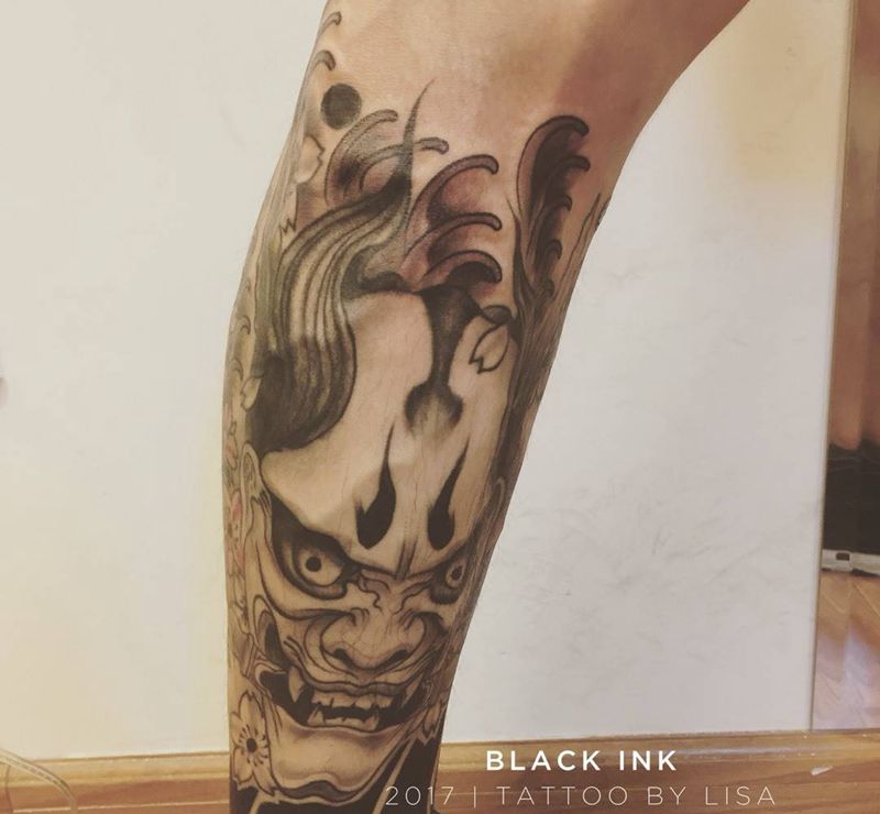 般若包小腿完成纹身图片_成品腿部传统鬼神原创纹身图案