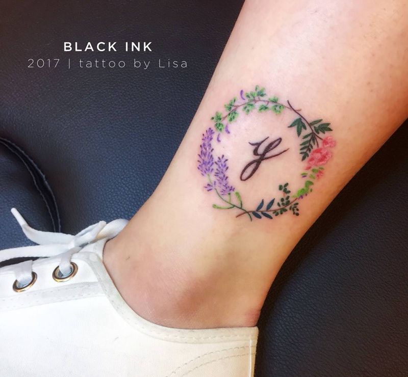 脚踝花环纹身图片_成品腿部欧美清新植物原创纹身图案