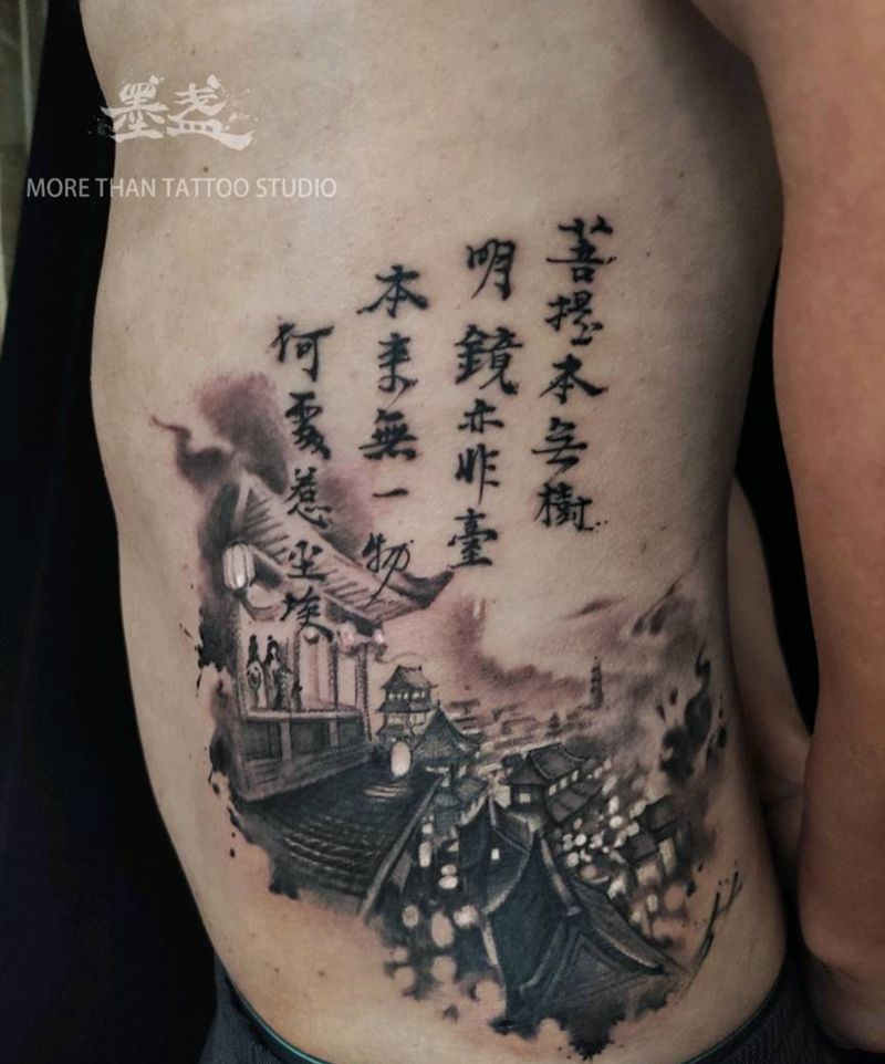 菩提本无树，明镜亦非台。纹身图片_腰部水墨纹身图案