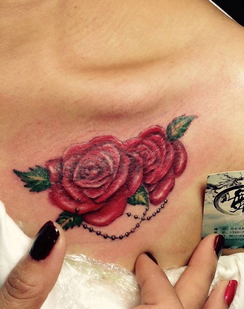 遮盖作品纹身图片_成品胸部写实清新植物纹身图案