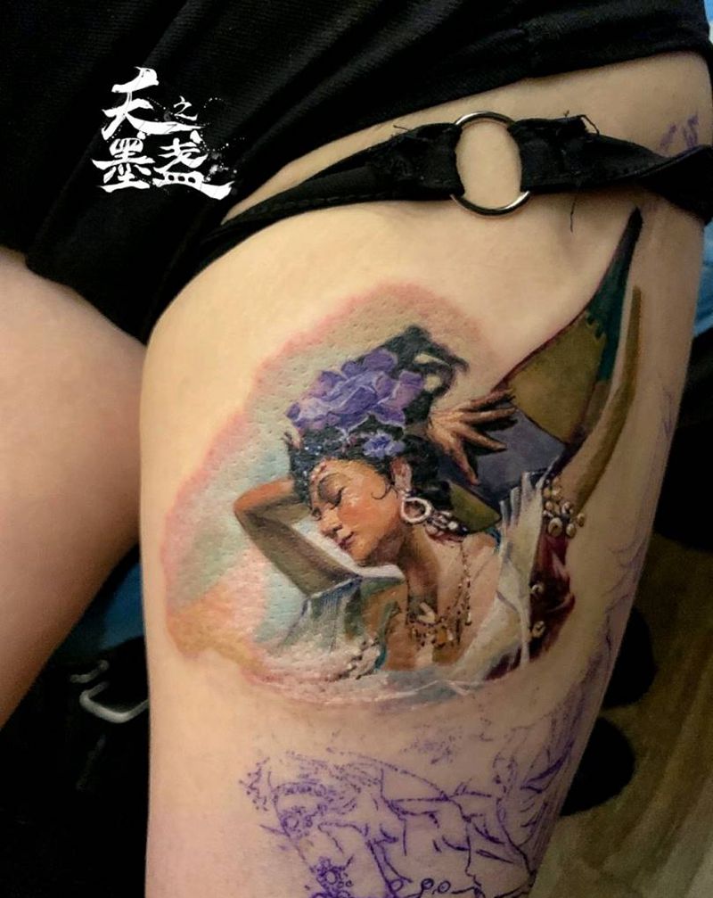 飞天纹身图片_腿部欧美写实飞天纹身图案