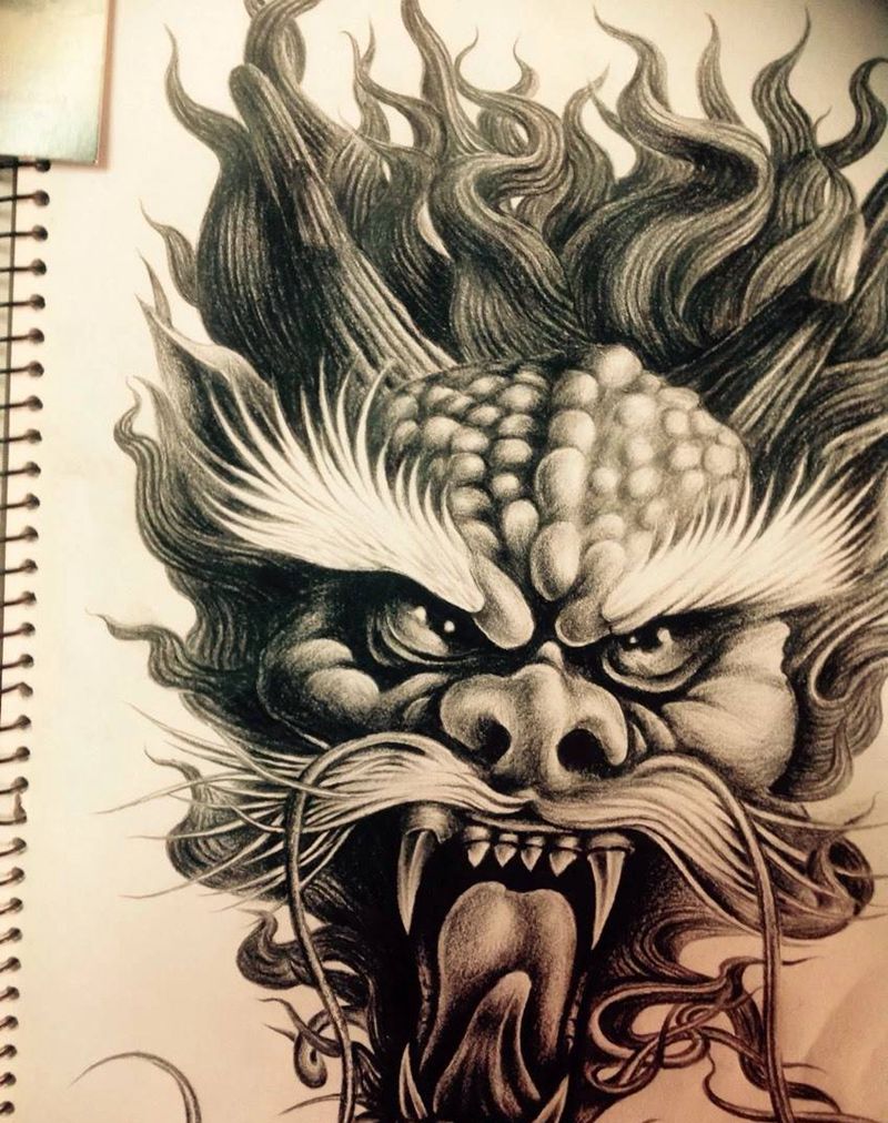 龙首纹身图片_手稿传统写实动物纹身图案