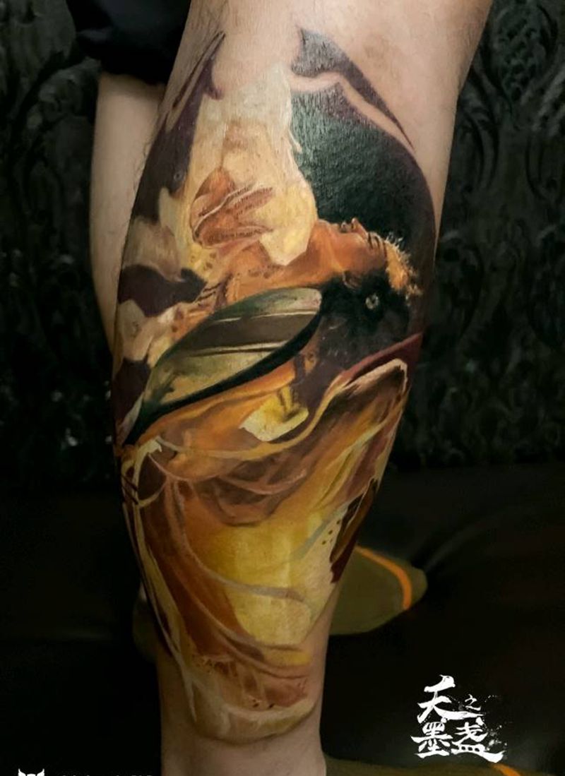 飞天纹身图片_腿部欧美写实敦煌飞天纹身图案