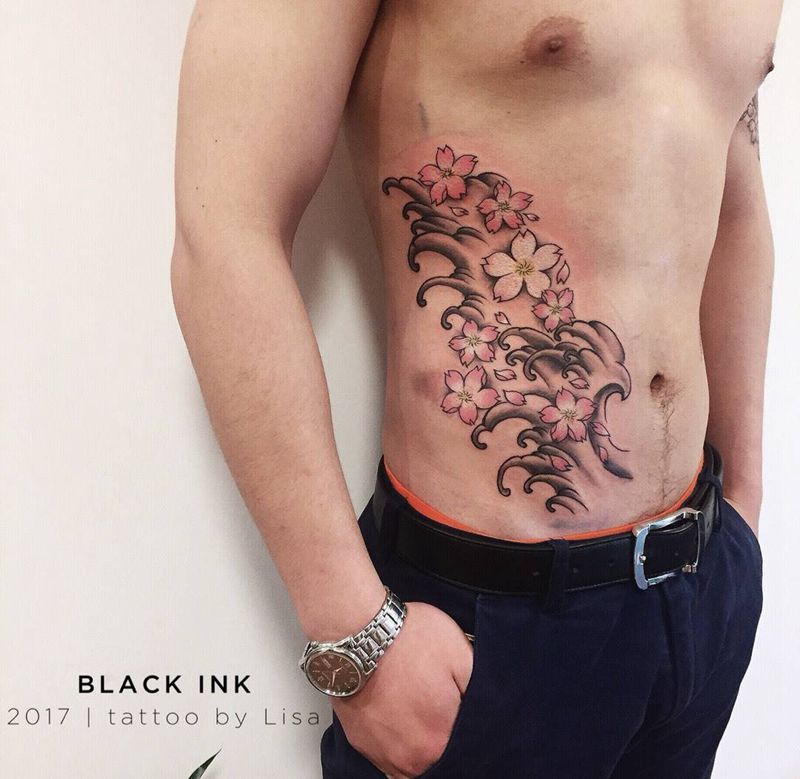 樱之北斗纹身图片_成品腹部传统清新植物原创纹身图案