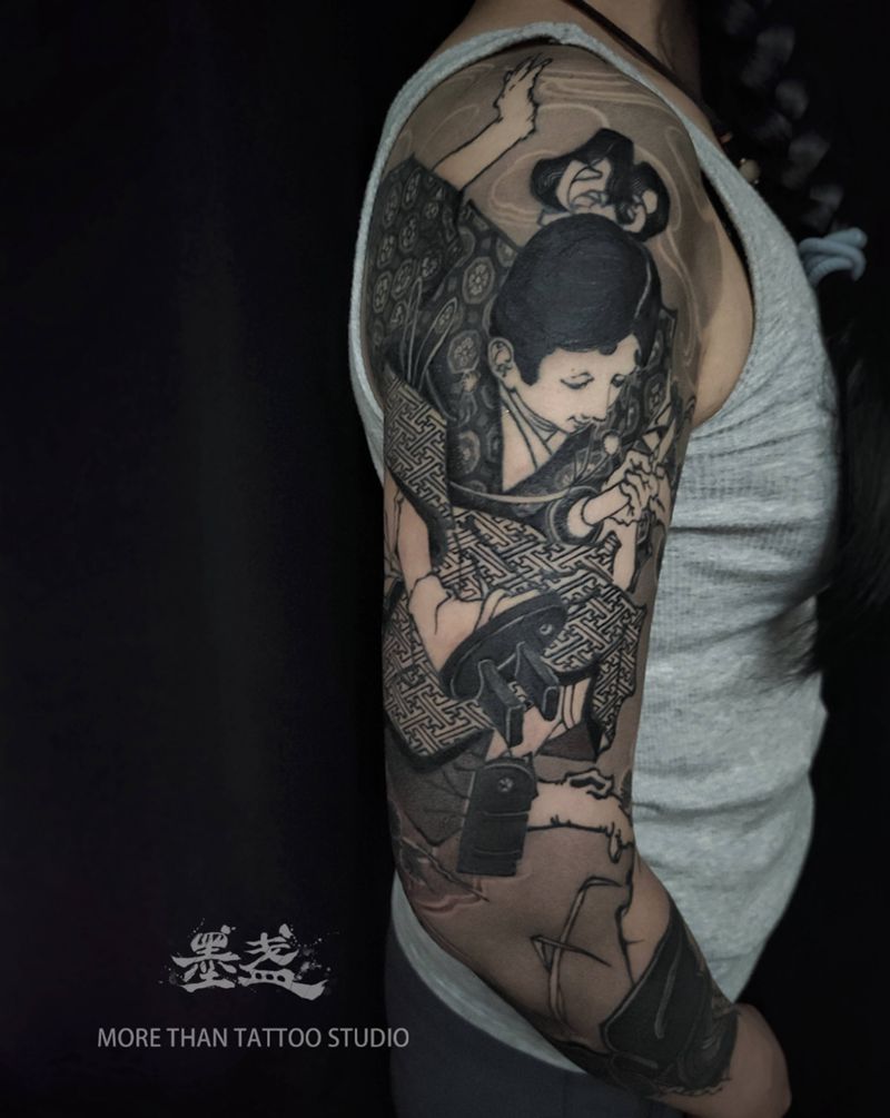 传统花臂纹身图片_手臂新传统源义经武藏坊弁庆纹身图案