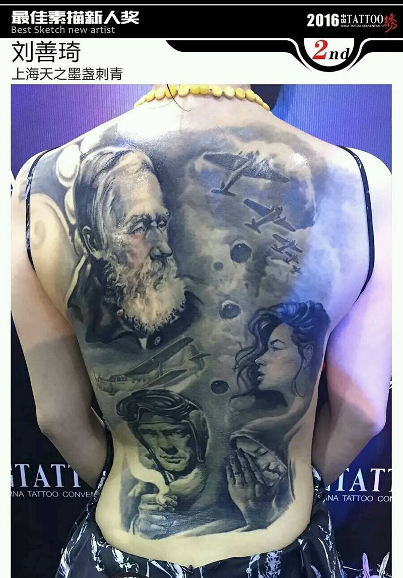 忆纹身图片_背部欧美肖像写实人物成品纹身图案
