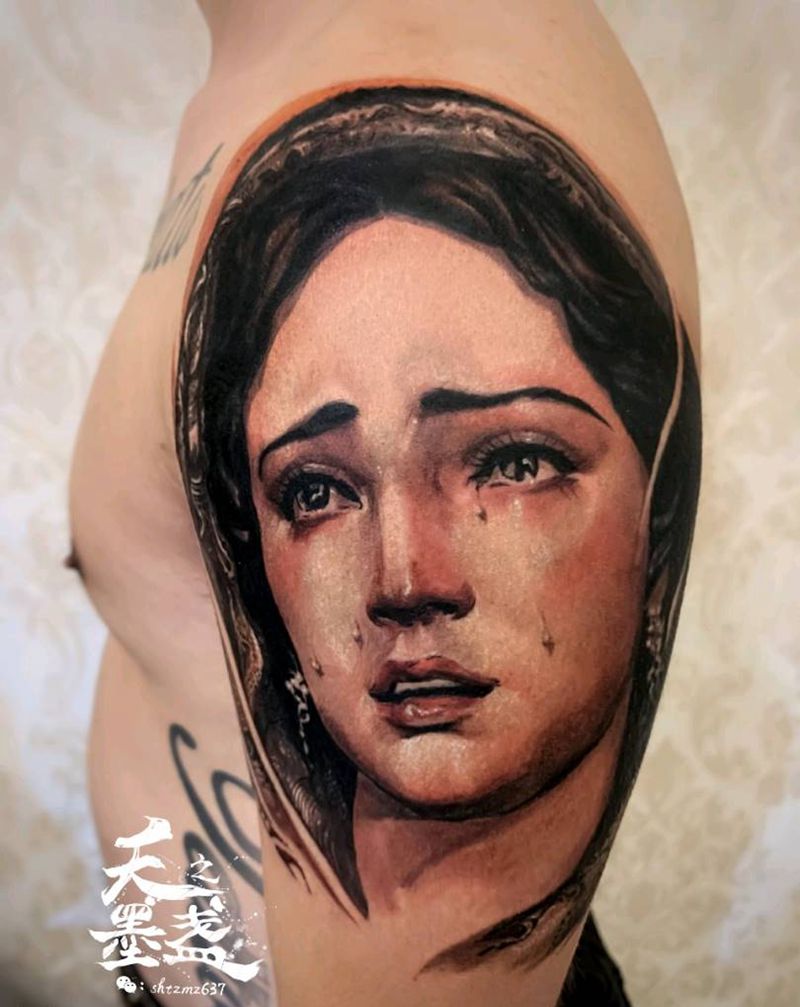 圣母像纹身图片_手臂欧美写实圣母像纹身图案