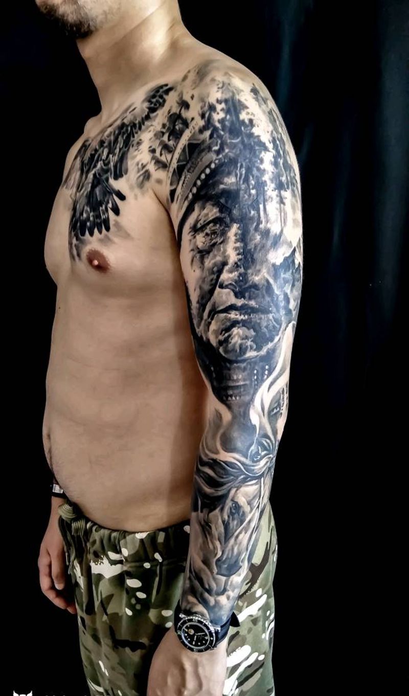 印第安人纹身图片_手臂欧美肖像写实人物原创成品纹身图案